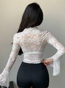 DAZY 女士V领蕾丝长袖上衣，适合宴会、返校、情人节等场合，轻薄透气，秋季情人节服装 - 白色 - 查看 5