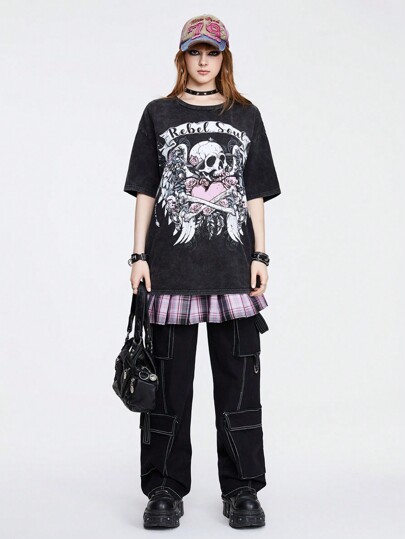 Grunge Punk Camiseta de mujer con alas de ángel, corazón y calavera impresa, lavada con nieve desgastada