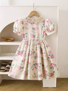 Young Girls Floral Print Contrast Lace Puff Sleeve Dress For Summer - Apricot - View 2