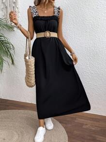 SHEIN LUNE Ladies Leopard Print Spaghetti Strap Long Dress - Black - View 4