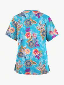 Women's Flower Printed Nurse Uniform Scrub Top - Multicolor - View 2