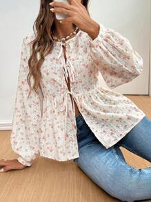 SHEIN Frenchy Áo kiểu tay phồng in hoa, thắt nơ phía trước, viền bèo nhún, áo sơ mi dài tay kiểu jacquard thập niên 70, phong cách quý tộc cổ điển mùa thu dành cho nữ giáo viên, thích hợp mặc đi học hàng ngày, đi làm, tối giản, công sở, phong cách cổ điển, đơn giản. - Nhiều màu - Xem 1