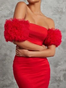 L'Amorae Vestido ajustado de un hombro de unicolor con mangas exageradas y abertura en la espalda, estilo elegante