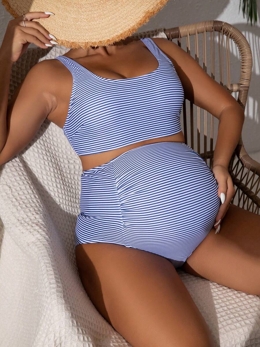 SHEIN Maternity Striped High Waisted Bikini Set Summer Beach - Blue and White - View 1