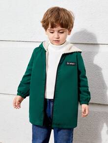 SHEIN 男童連帽毛絨襯裡拼色拉鍊寬鬆中長外套 - 綠色 - 查看 5