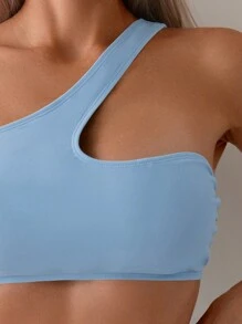 SHEIN Swim 夏季海灘素色單肩高腰比基尼 - 淺藍色 - 查看 5