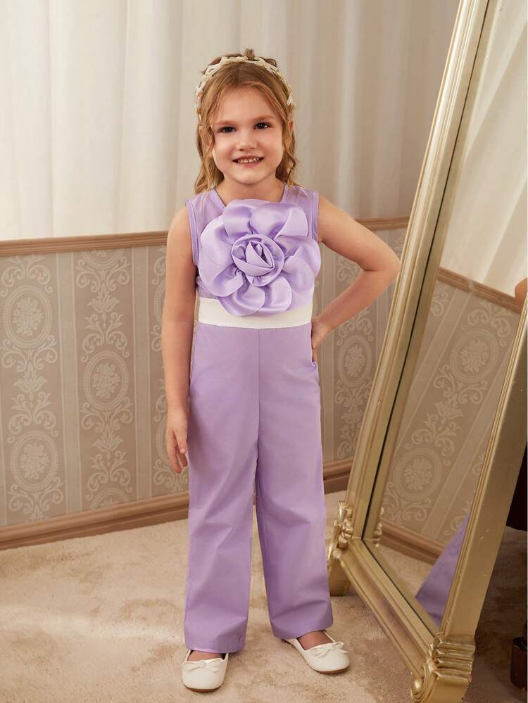 Girls' Glamorous  3D Floral Decorated Tank Jumpsuit, Suitable For Spring/Summer, Ideal For Weddings And Parties