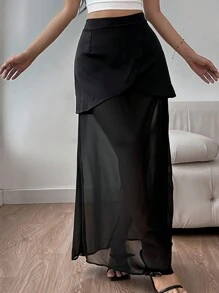 SHEIN Unity Einfarbiger farbiger Damen Rock mit lässigen Mesh-Einsätzen für den täglichen Gebrauch - Schwarz - Übersicht 6