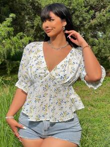 SHEIN Unity Plus Size Embroidery Burnout V-Neck Short Sleeve Women's Summer Shirt - White - View 6