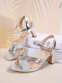 新款時尚女士米色厚跟高跟涼鞋 - 銀色 - 查看 5