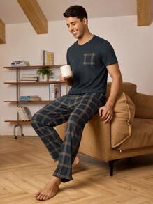 Men Solid Tee & Plaid Pants PJ Set / Pajama Set - Olive Green - View 3