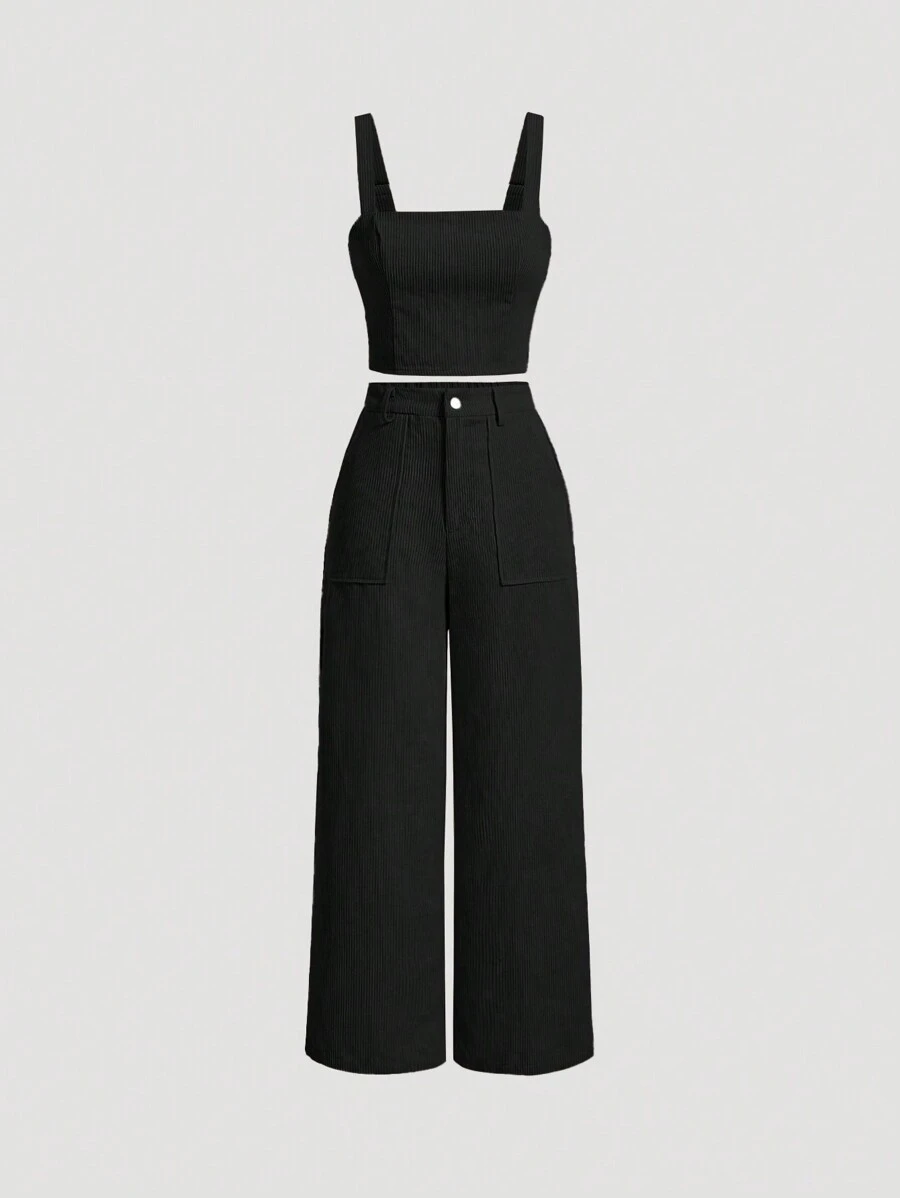 SHEIN MOD Conjunto De Top Y Pantalón Largo De Color Sólido Para Mujer - Negro - Ver 1