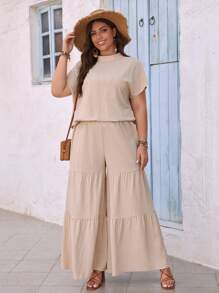 SHEIN VCAY Plus Batwing Sleeve Top & Ruffle Hem Wide Leg Pants For Summer Vacation - Apricot - View 5