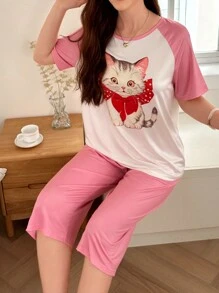 Dream Adore Cute Cat Pattern Women's Round Neck Contrast Color Casual Pajama Set With Raglan Sleeve Top And Pants