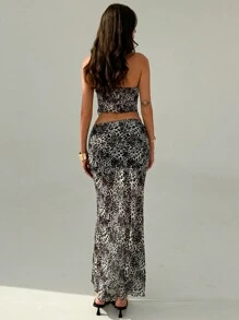 Aloruh Young Women's Leopard Print Mesh Twist Halter Top With Slit+Metallic Midi Skirt With Slit, 2pcs/Set For Spring/Summer Vacation - Multicolor - View 2