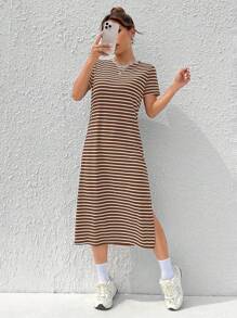 SHEIN EZwear Women's Summer Casual Coffee Brown Knitted Striped Dress With Side Slit Hem - Coffee Brown - View 5