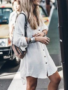 女式纯色简约休闲长袖纽扣衬衫 - 白色 - 查看 3