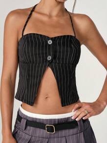 SHEIN Unity Gestreiftes Knopf Vorderseite Halter Top - Schwarz - Übersicht 7