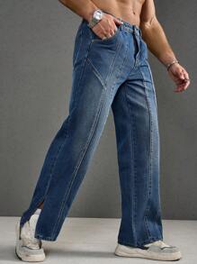 Manfinity Homme Quần jean nam xéo xẻ Hem bỏ túi ống thẳng - Rửa trung bình - Xem 6