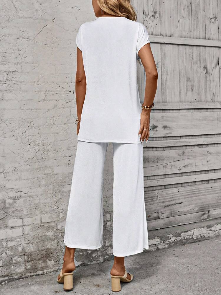 Batwing Sleeve Button Front Blouse & Wide Leg Pants For Summer Vacation