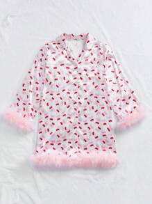 Allover Print Satin Contrast Fluffy Pajama Night Dress