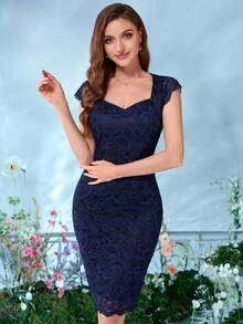 MIUSOL Sweetheart Neck Floral Lace Cocktail Bodycon Dress - Navy Blue - View 5