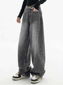 女式深色黑色口袋设计宽松牛仔裤 - 灰色 - 查看 3