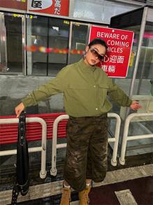 Flirla Plus Flap Pocket Ruched Sleeve Jacket - Army Green - View 3