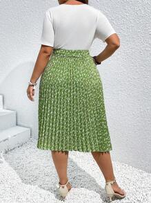 Celure Plus Ditsy Floral Print Pleated Hem Belted Dress For Summer