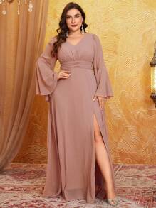 Plus Size V-Neck Flared Sleeve Waist-Pleated Split Hem Dress Elegant Long Sleeve Bridesmaid Dress - Pink - View 5