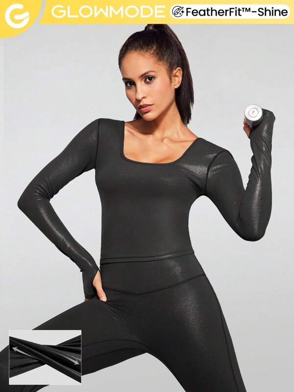 GLOWMODE Foiled Leather Effect Slimfit Square Neck Long sleeve Shirt Active Top With Thumbhole