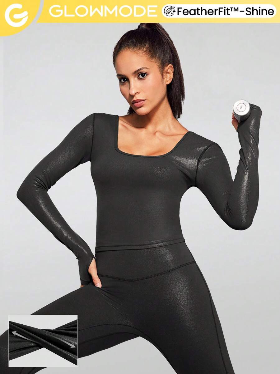 GLOWMODE Foiled Leather Effect Slimfit Square Neck Long sleeve Shirt Active Top With Thumbhole - Black - View 1