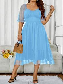 Sunnyshic Vestido de talla grande de chiffón con cuello cuadrado y mangas cortas