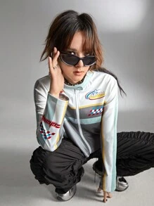 SHEIN 1件青少女短款立領外套，秋季款 - 灰色 - 查看 1