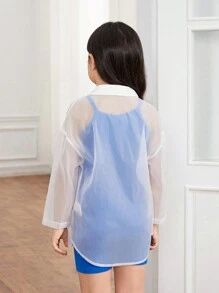 Young Girl Knitted Plain Tank Top & Knitted Shorts & Woven Loose Casual Shirt 3pcs Set - Multicolor - View 2