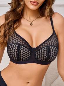 SHEIN Elacene 1入組蕾絲純色有鋼圈和細肩帶胸罩 - 黑色 - 查看 1