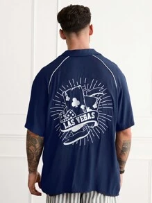 Forever 21 Men's Bowling Shirt With Graphic Print In Navy - Navy Blue - View 4