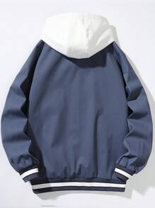 Men's Hooded Drawstring Front Button Letter Print Casual Long Sleeve Jacket & Coat, For Fall