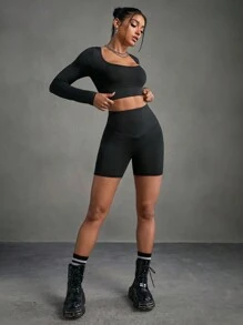 SHEIN Sport Gameset T-shirt court et short cycliste unicolore pour l'été