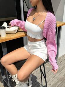 Muchica 條紋針織落肩袖短款開衫不附吊帶上衣 - 粉色 - 查看 4