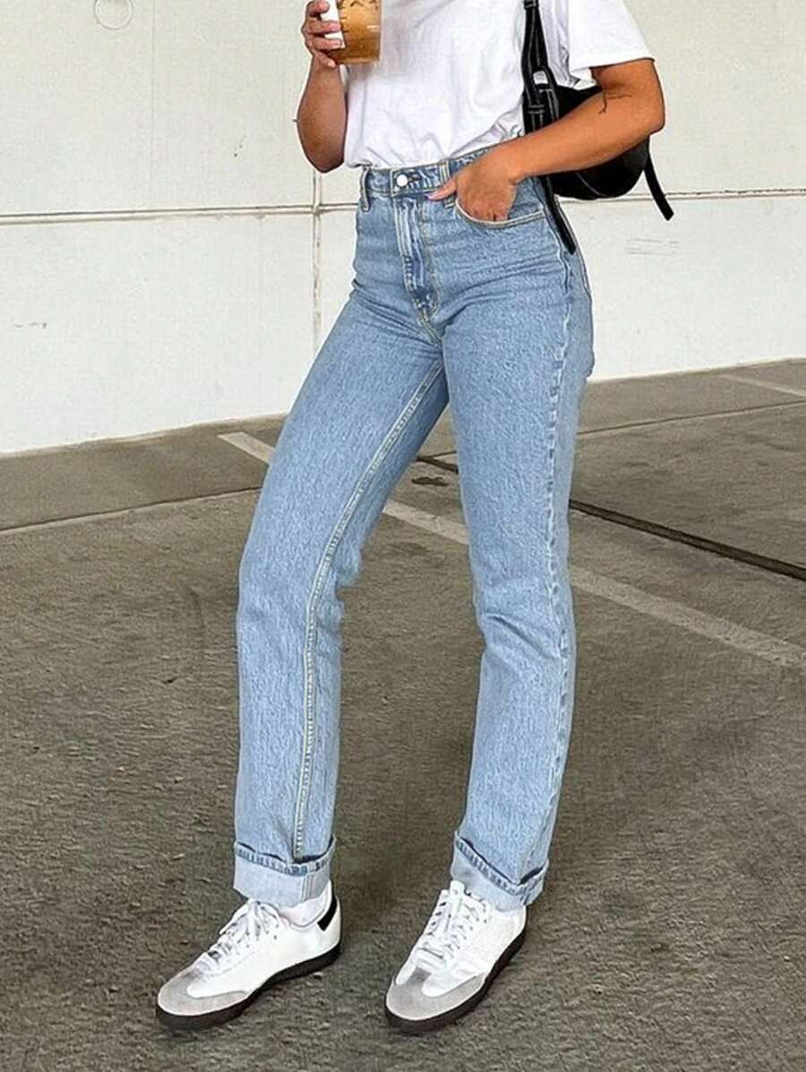 Women's Daily Casual Washed Straight Leg Loose Jeans With Diagonal Pockets, Buttons, Zipper Details, Suitable For Commuting, Dating, And Office Wear - Rửa nhẹ - Xem 1