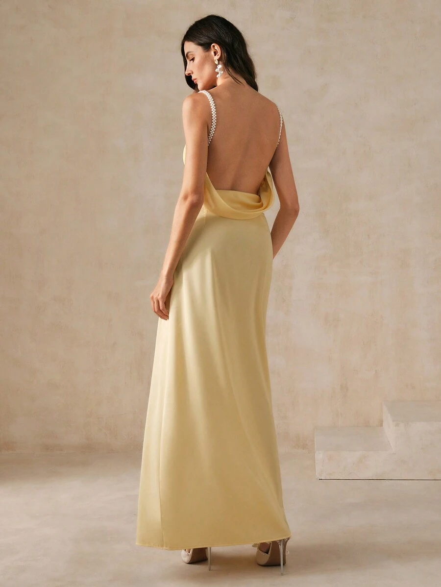 Anewsta Vestido largo de tirantes con detalles de perlas amarillas para mujeres - Amarillo - Ver 1
