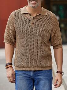 Manfinity Homme Men Polo Neck Drop Shoulder Knit Top - Khaki - View 1