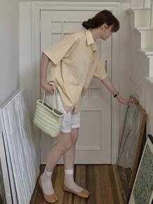 DAZY Vertical Striped Button Front Shirt Fall - Khaki - View 3