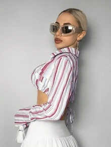 SHEIN ICON Áo thun hai mảnh sọc tam giác ôm vừa vặn và cúp ngực siêu ngắn dành cho nữ - Nhiều màu - Xem 5