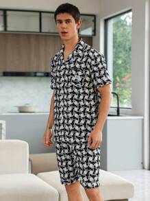 Men Allover Print Top & Shorts PJ Set / Pajama Set - Black and White - View 7