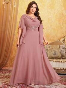 Große Größen Chiffon Kleid mit V-Ausschnitt, A-Linie, Schmetterling-bestickter Taille und weiten Ärmeln, elegantes und anmutiges Abendkleid für Prom, Halb-Formal, Hochzeitsgäste, für Geburtstag, Abschluss, Homecoming - Altrosa - Übersicht 6