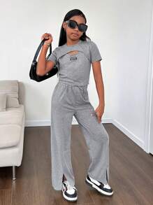 SHEIN 2pcs Spring/Summer Knitwear Set For Tween Girls, Including A Solid Round Neck Short Sleeve Top With Patches And Straight-Leg Pants