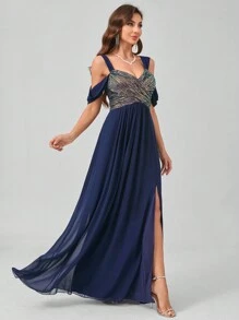 Vestido elegante formal de UNITHORSE con parches de lentejuelas y gasa dividida, vestido de dama de honor, atuendo de mujeres para cumpleaños, vestido de graduación - Azul Marino - Ver 7