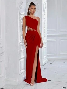 ADYCE 女士优雅单肩露腰镂空前开衩拖地派对礼服，适合舞会、生日派对、晚宴、约会、返校节派对、婚礼宾客、正式晚宴、家庭聚会等场合